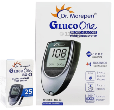 Dr Morepen BG 03 Gluco One Glucose Monitoring System Glucometer with Gluco One BG 03 Blood Glucose 25 Test Strip | Diabetes Monitoring Devices | Blood Glucose Monitors
