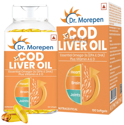 Dr. Morepen Cod Liver Oil with Omega-3, Vitamin A &amp; D | Softgel for Heart, Brain &amp; Joints Health