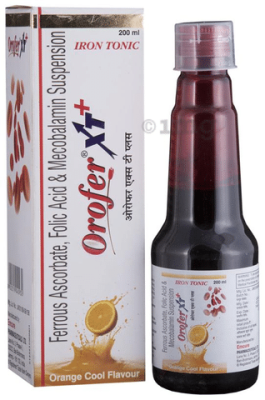 Orofer XT + Iron Tonic with Ferrous Ascorbate, Folic Acid &amp;amp; Mecobalamin | Suspension Flavour Orange Cool
